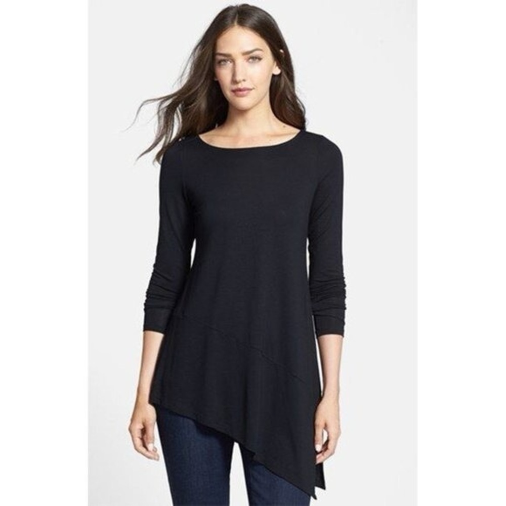 Eileen Fisher Asymmetrical Long Sleeve Top in Black S